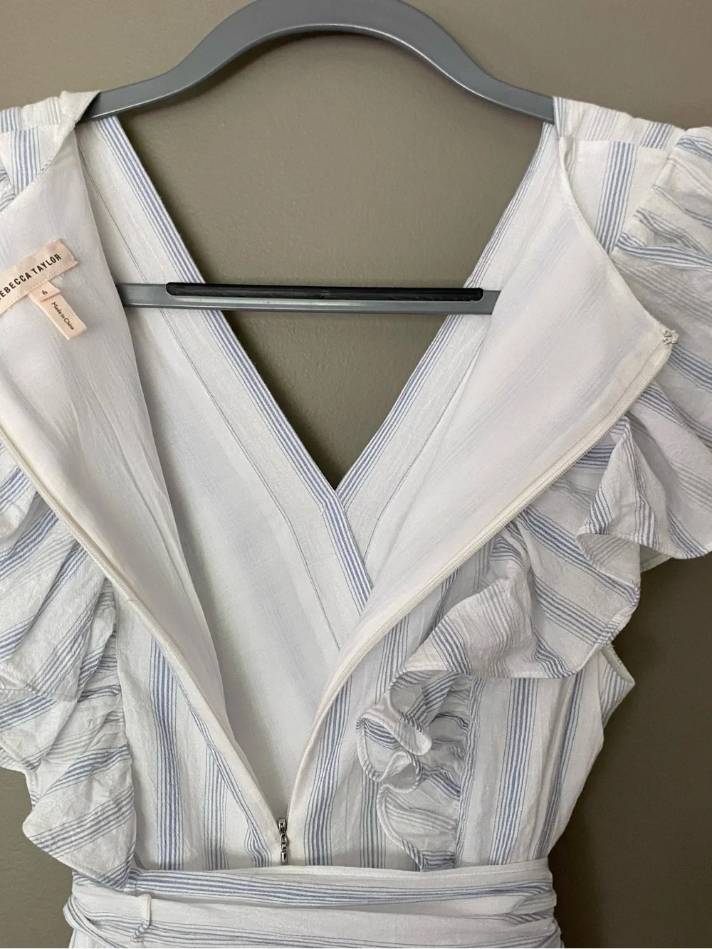 REBECCA TAYLOR Cream and Blue Yarn-Dye Stripe Ruffle Midi Dress Size 6 - Picture 7 of 8